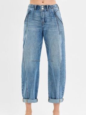 Risen Midrise Ankle Barrel Double Roll Up Jeans Comfy Stretch Size 15/32 Spring
